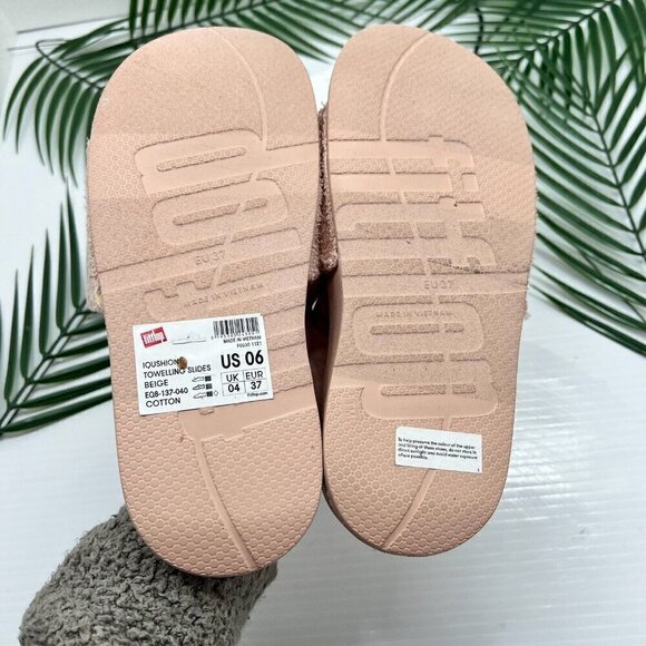 Fitflop iQUSHION Women's Towelling Slide Sandals Beige Buff Cotton Size 6 - Picture 8 of 9
